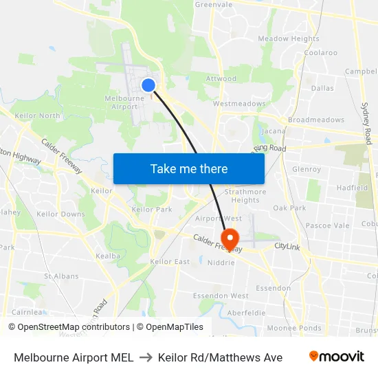 Melbourne Airport MEL to Keilor Rd/Matthews Ave map