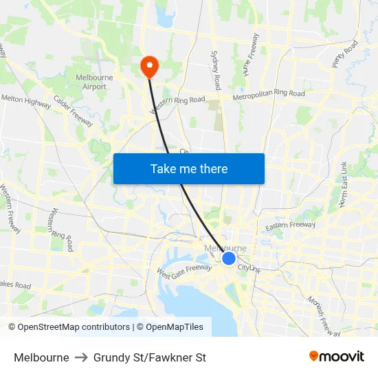 Melbourne to Grundy St/Fawkner St map