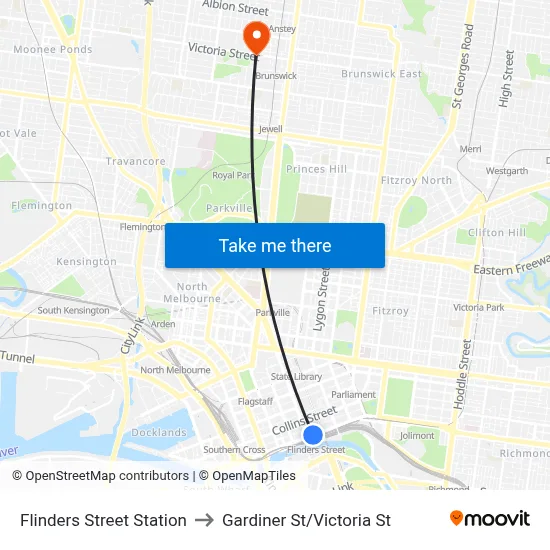 Flinders Street Station to Gardiner St/Victoria St map