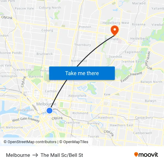 Melbourne to The Mall Sc/Bell St map