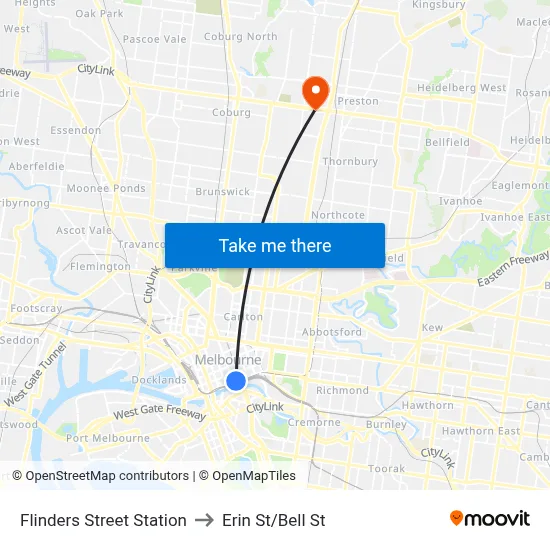 Flinders Street Station to Erin St/Bell St map
