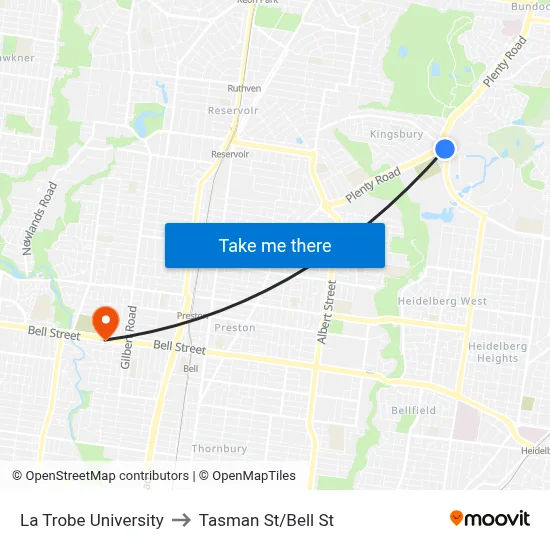 La Trobe University to Tasman St/Bell St map