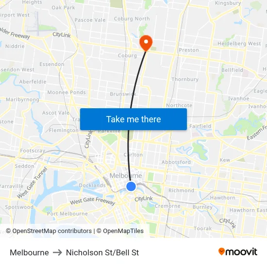Melbourne to Nicholson St/Bell St map