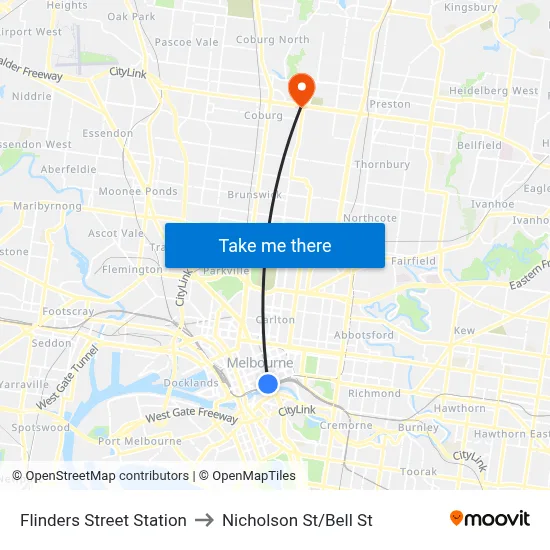 Flinders Street Station to Nicholson St/Bell St map