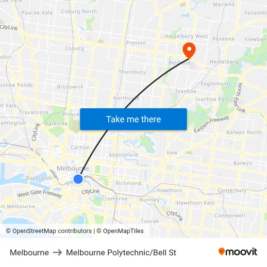 Melbourne to Melbourne Polytechnic/Bell St map