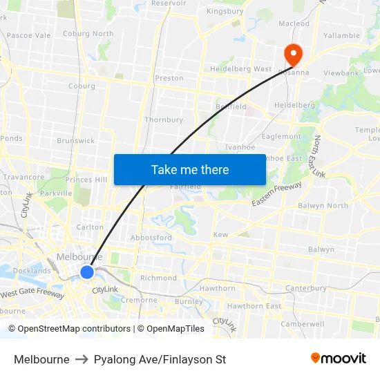 Melbourne to Pyalong Ave/Finlayson St map