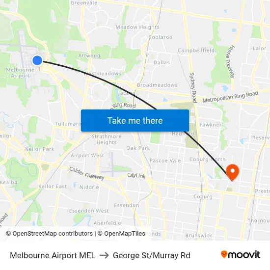 Melbourne Airport MEL to George St/Murray Rd map