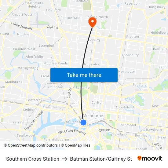 Southern Cross Station to Batman Station/Gaffney St map
