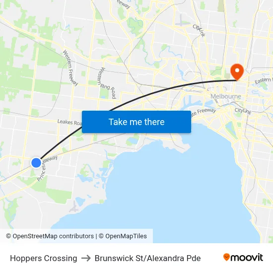 Hoppers Crossing to Brunswick St/Alexandra Pde map