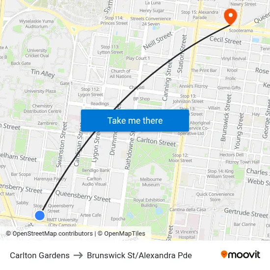 Carlton Gardens to Brunswick St/Alexandra Pde map