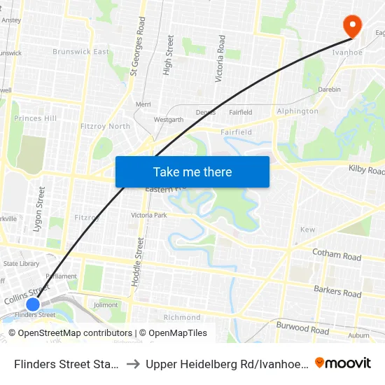 Flinders Street Station to Upper Heidelberg Rd / Ivanhoe Pde map