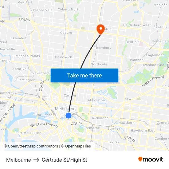 Melbourne to Gertrude St/High St map