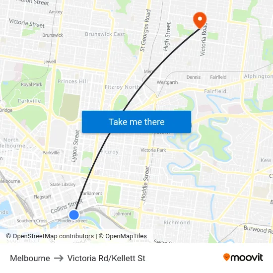 Melbourne to Victoria Rd/Kellett St map