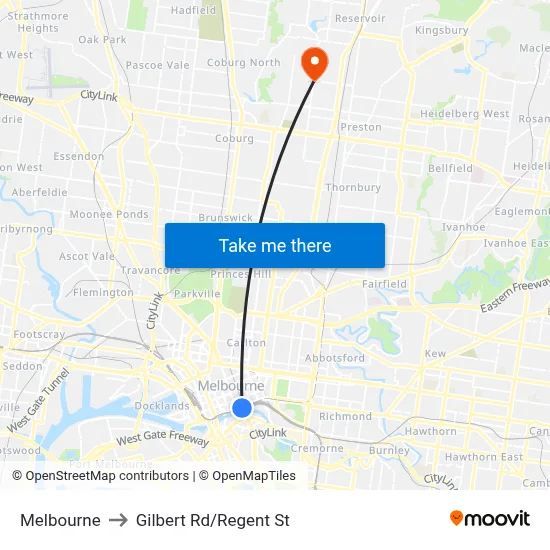 Melbourne to Gilbert Rd/Regent St map