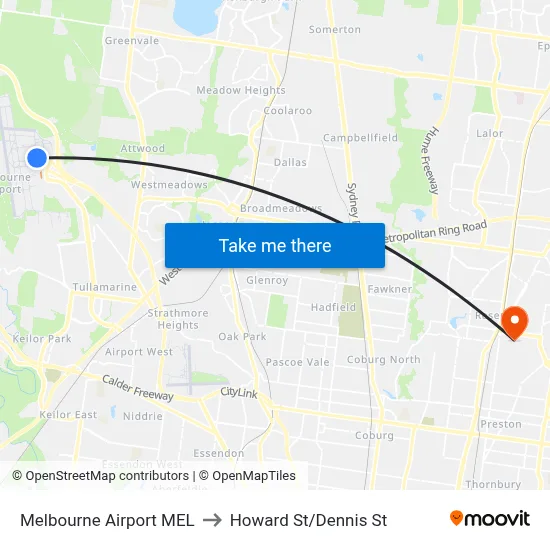 Melbourne Airport MEL to Howard St/Dennis St map