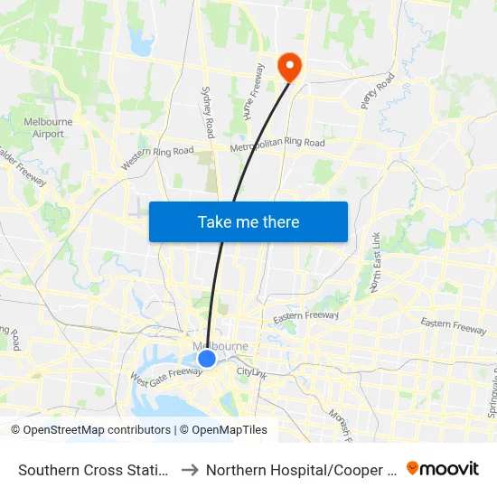 Southern Cross Station to Northern Hospital/Cooper St map