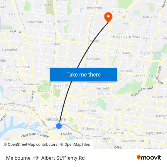 Melbourne to Albert St/Plenty Rd map