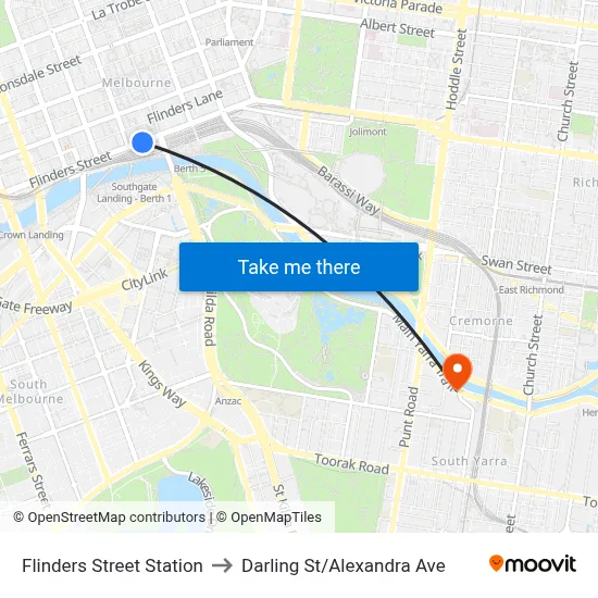 Flinders Street Station to Darling St/Alexandra Ave map