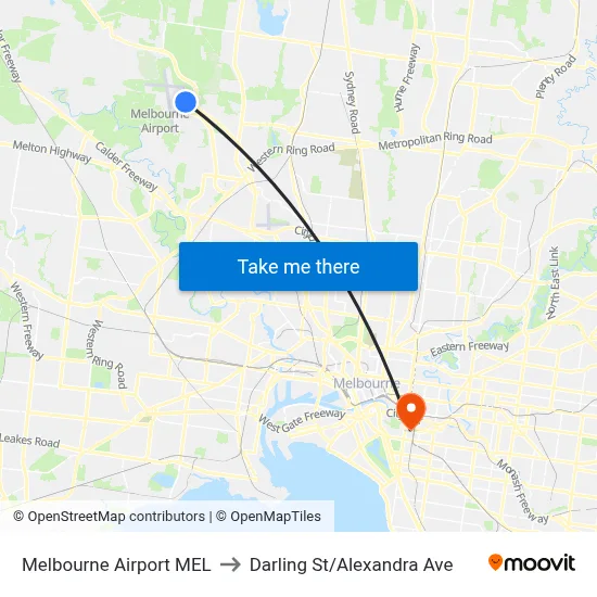 Melbourne Airport MEL to Darling St/Alexandra Ave map