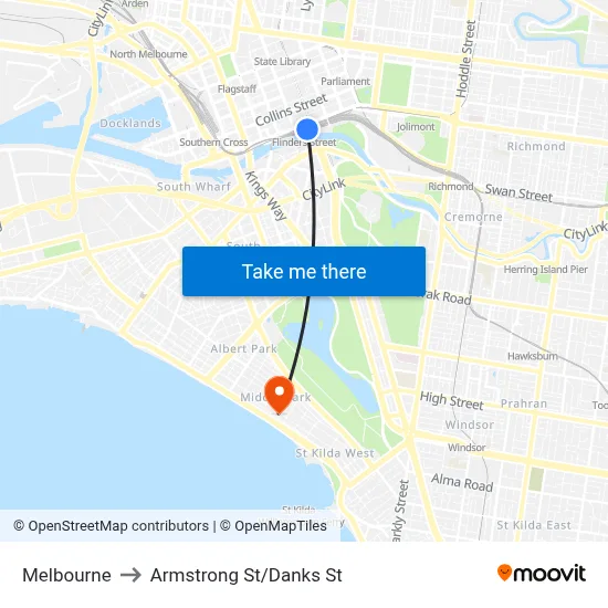 Melbourne to Armstrong St/Danks St map
