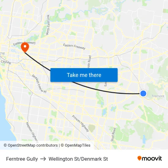 Ferntree Gully to Wellington St/Denmark St map