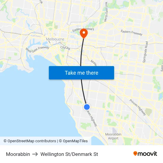 Moorabbin to Wellington St/Denmark St map