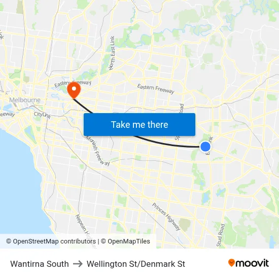 Wantirna South to Wellington St/Denmark St map