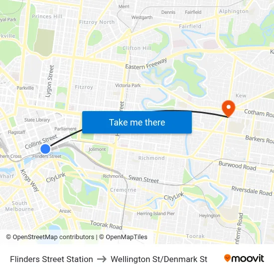 Flinders Street Station to Wellington St/Denmark St map
