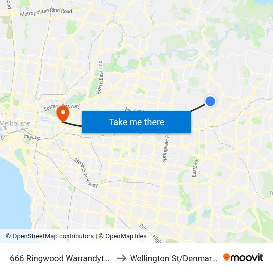 666 Ringwood Warrandyte Rd to Wellington St/Denmark St map
