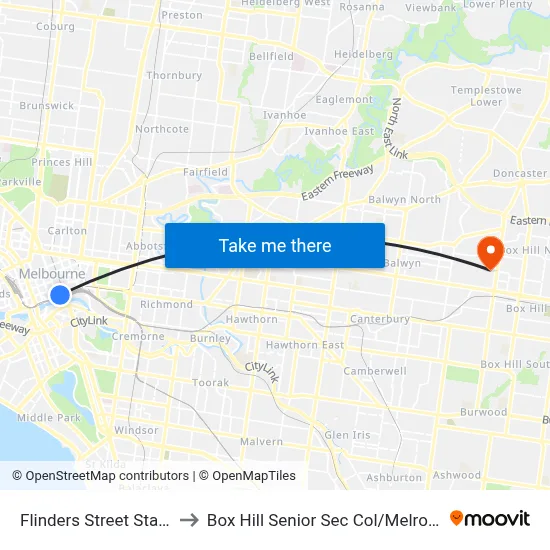 Flinders Street Station to Box Hill Senior Sec Col / Melrose St map