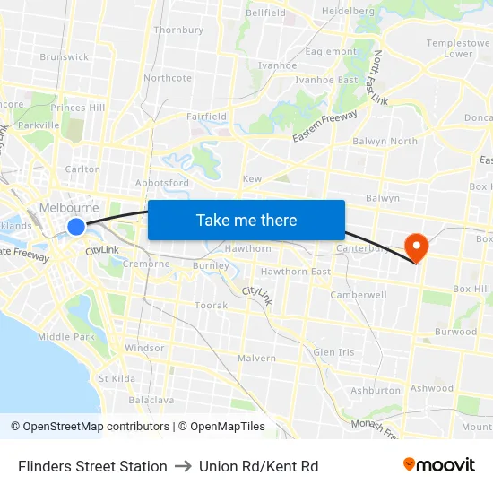 Flinders Street Station to Union Rd/Kent Rd map