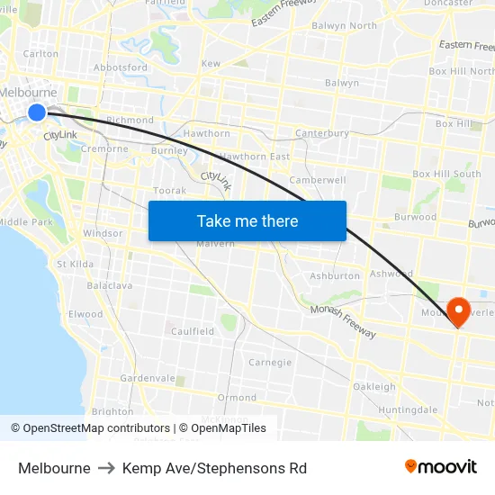 Melbourne to Kemp Ave/Stephensons Rd map