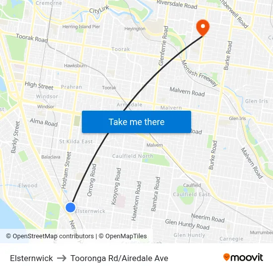 Elsternwick to Tooronga Rd/Airedale Ave map