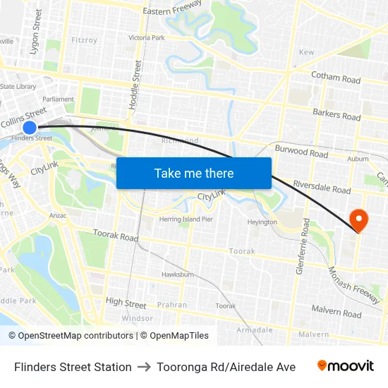 Flinders Street Station to Tooronga Rd/Airedale Ave map