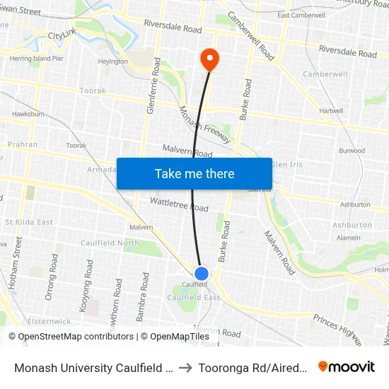 Monash University Caulfield campus to Tooronga Rd/Airedale Ave map