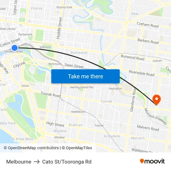 Melbourne to Cato St/Tooronga Rd map