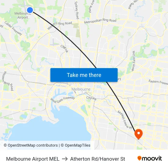 Melbourne Airport MEL to Atherton Rd/Hanover St map