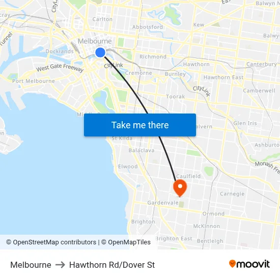 Melbourne to Hawthorn Rd/Dover St map