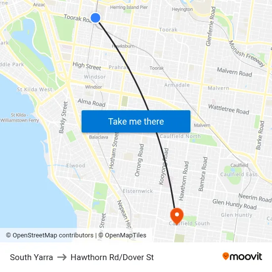 South Yarra to Hawthorn Rd/Dover St map