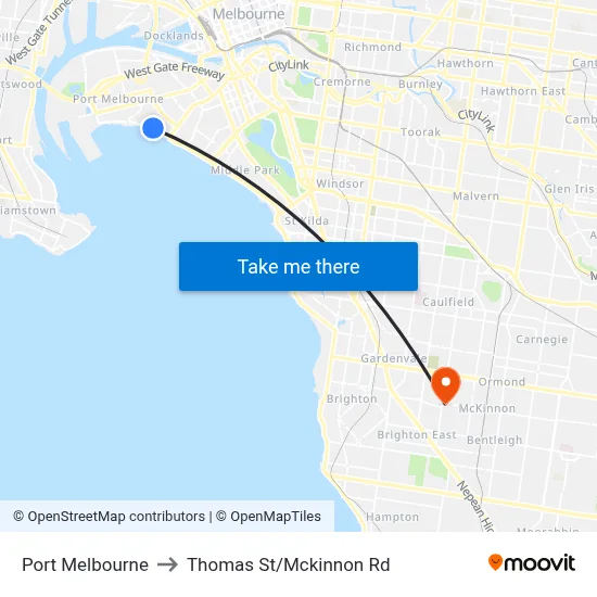 Port Melbourne to Thomas St/Mckinnon Rd map