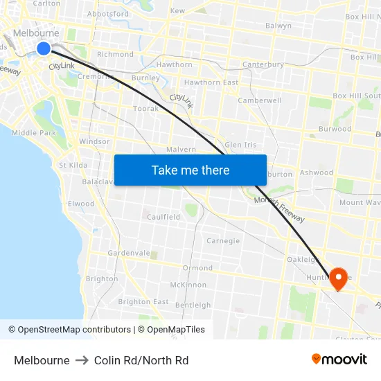 Melbourne to Colin Rd/North Rd map