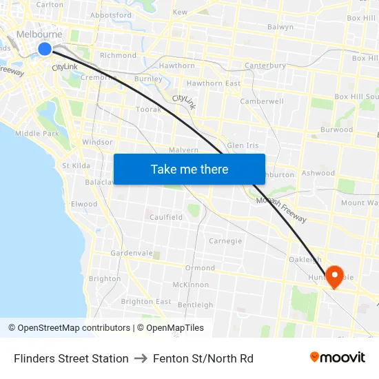 Flinders Street Station to Fenton St/North Rd map