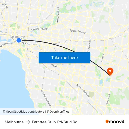 Melbourne to Ferntree Gully Rd/Stud Rd map