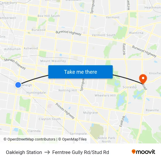Oakleigh Station to Ferntree Gully Rd/Stud Rd map