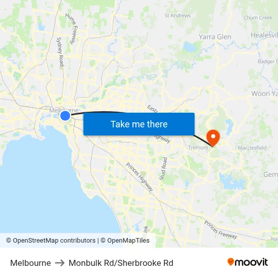 Melbourne to Monbulk Rd/Sherbrooke Rd map