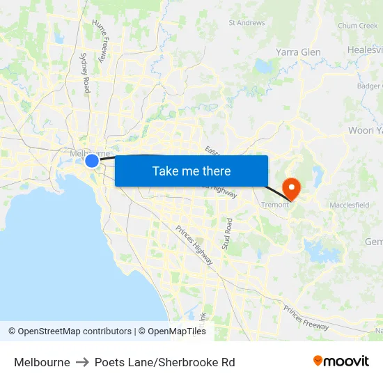Melbourne to Poets Lane/Sherbrooke Rd map