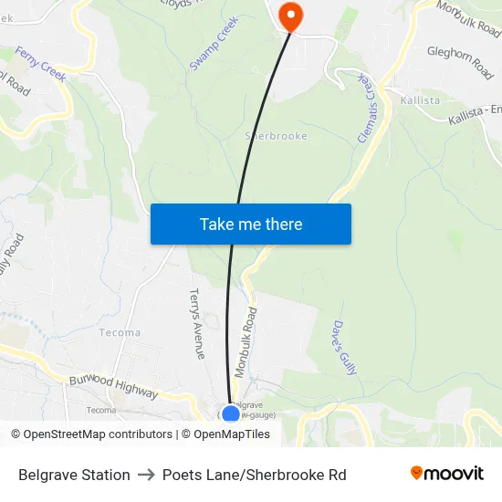 Belgrave Station to Poets Lane/Sherbrooke Rd map