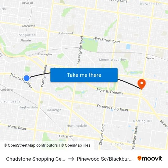 Chadstone Shopping Centre to Pinewood Sc/Blackburn Rd map
