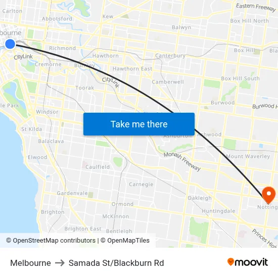 Melbourne to Samada St/Blackburn Rd map