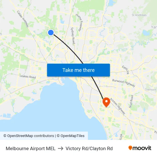 Melbourne Airport MEL to Victory Rd/Clayton Rd map